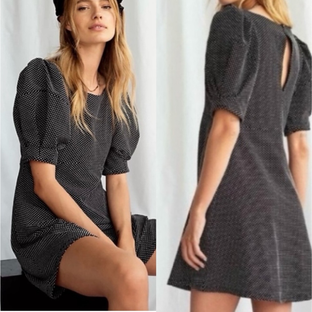 Free People Penelope Black & White Polks Dot Dress Puff Sleeve Keyhole Back XS
